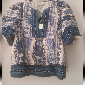 Tuckernuck Dina Bondi Viscose Boho  blouse in  Blue Pansy. Lined NWT